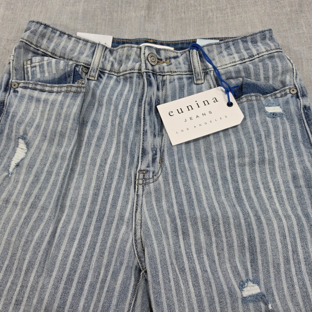 Eunina Tobi Mom Jean Women 7 Blue NWT Distressed Raw Hem Striped Super High Rise